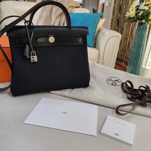 Hermes Herbag Zip 31 Military Toile Vache Hunter Black